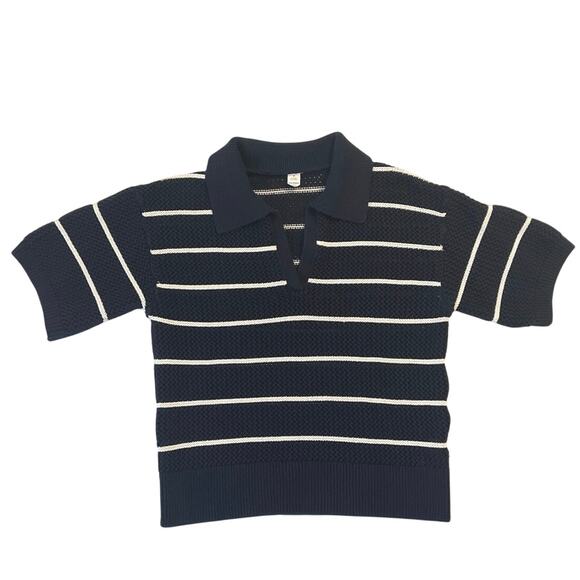 Old Navy Open Knit Polo Sweater Womens Size M Striped Navy White Vneck Preppy - Picture 1 of 13